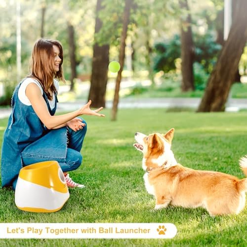 MEKAPLE Automatic Dog Ball Launcher, Dog Ball Thrower with 15 Mini Tennis Balls Sizing 2 Inch and Mesh Bag, Interactive Dogs Toys Tennis Balls Launcher for Small Dogs with 3 Distance Settings