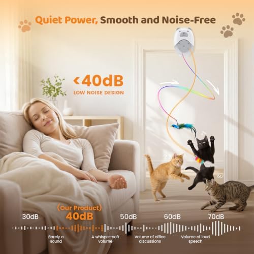 Interactive Cat Toys for Indoor Cats, Automatic Rechargeable Hanging Feather Wand with Flying Motion, 4 Packs Replaceable Accessories, Exercise Enrichment Toy for Cats, Long-Lasting USB Charging
