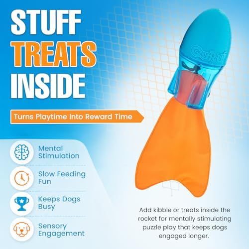 GURU Bonanza Rocket Dog Toy - Interactive Fetch, Tug & Treat Dispensing Toy - Hides & Dispenses Treats, Squeaks-Crinkles-Floats, Interactive Tug-Toss-Retrieval - Indoor & Outdoor Play for Medium Dogs