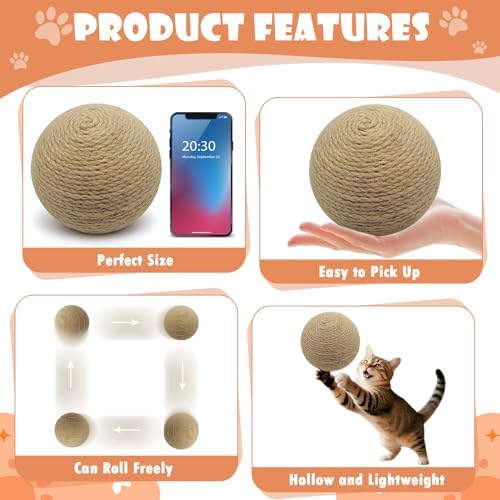 Sisal Cat Ball Toy, Large 6.3 inch Interactive Natural Cat Scratching Ball, Perfect Scratcher for Cats' Exercise and Fun