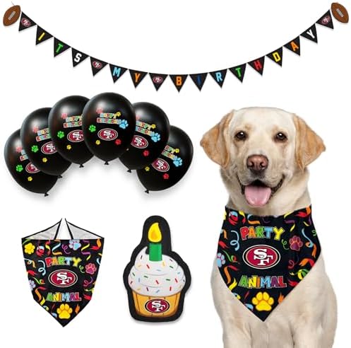 NFL SAN Francisco 49ERS Dog Birthday Party Set 9pcs with 1 Football Bandana Small/Medium, 1 Banner, 1 Birthday Cake Toy & 6 B-Day Balloons, Dog Birthday Set, Costume, Fun Doggie Pawty Accesories