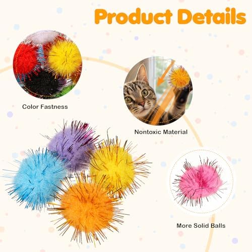 100 Pcs Cat Pom Pom Balls, 1 Inch Cat Toy Sparkle Balls Soft Interactive Cats Puff Ball Toys for Indoor Exercise Playing Entertainment and Crafts (Multicolor)