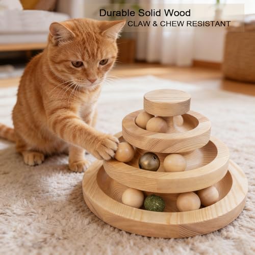 Solid Wood Cat Ball Track,Heavy Duty 3-Tier Interactive Cat Toy Tower with 9 Removable Balls,Bell & Catnip,No Assembly Required,Anti-Tip Sturdy Base for Indoor Cats, Kittens & Large Cats