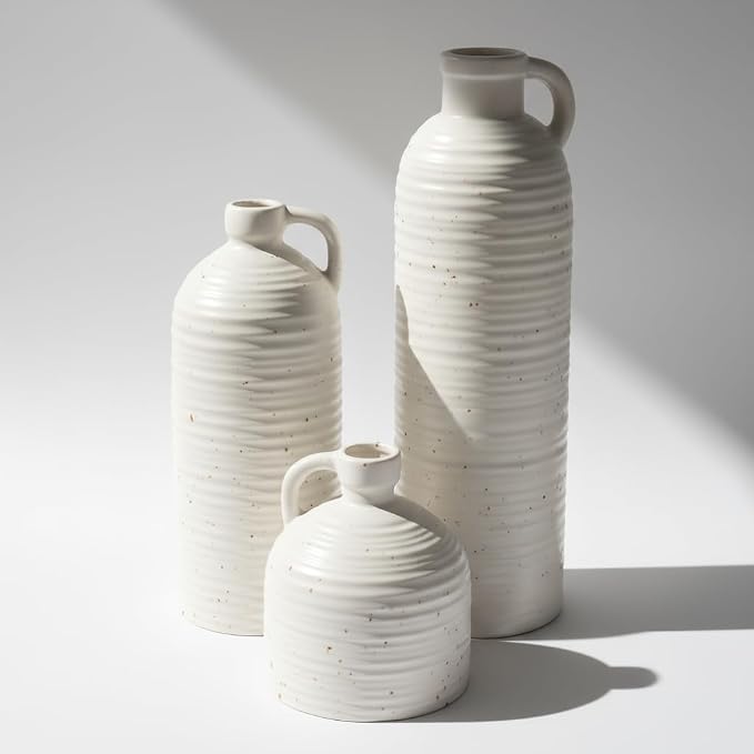 White Polka Dot Vase Set of 3, Ribbed Jugs with Handles for Home Decor | Ceramic finish for rustic farmhouse tables, shelves, mantels and flower displays