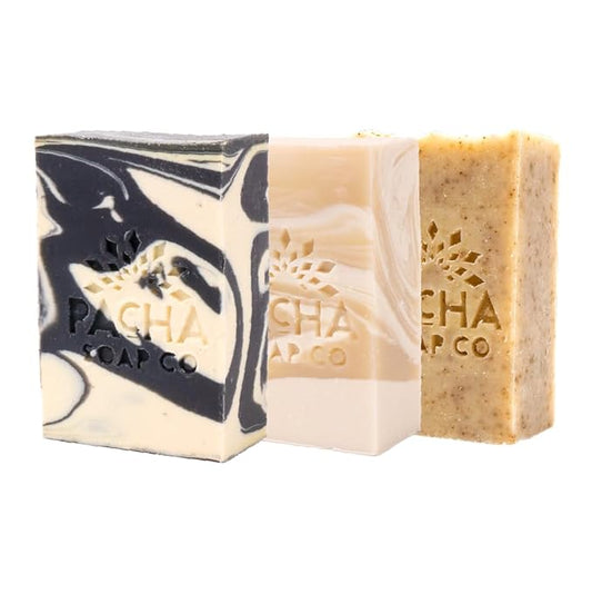 Pacha Soap Co. Bar Soap, Earthy Clean Bundle, 3-Pack (4 oz ea) - Coconut Lemon, Dirty Hippie, and Charcoal - Premium, Handcrafted, Hydrating, Natural Face Wash, Hand Cleanser, Soothing Essential Oils