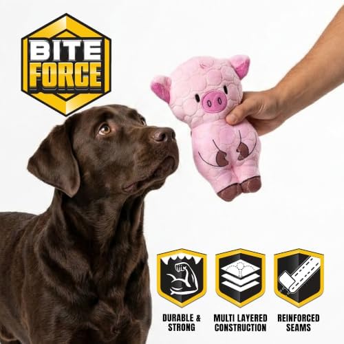 Bite Force -Durable & Strong Dog Toy Peppa Pig with Squeaker, Kevlar-Reinforced for Aggressive Chewers for Small Medium Large Dogs - Pink.