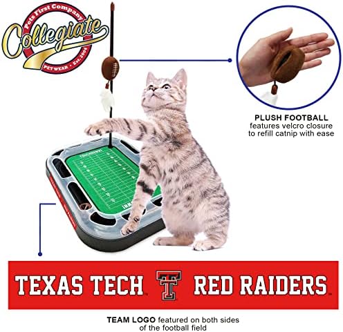Pets First Cat Scratcher Toy + Interactive Ball Bell in Tracks - 5-in-1 Toy: Wand Poll + Catnip Filled Plush Football & Feathers