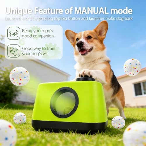Automatic Dog Ball Launcher: Upgraded Auto/Manual Pet Ball Thrower Toy for Dog Indoor/Outdoor Play Include 4 Chew-Resistant Balls - Home,Park,Yard Dog Self Play Companion for Dog Parent