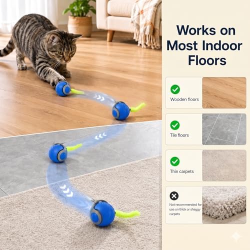 Interactive Rolling Cat Ball Toy, Automatic Moving Cat Toy with Detachable Plush Tail, Dual Speed & Dual Mode Rechargeable Indoor Kitten Exercise Toy（1.97In,0.09lb,Blue）