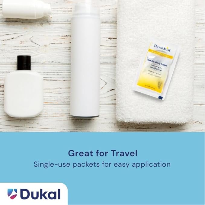Dukal DawnMist Moisturizing Lotion - 100 Pack, Hand & Body, Aloe & Vitamin E, Coconut Fragrance, 0.35 oz Single-Use, Alcohol-Free