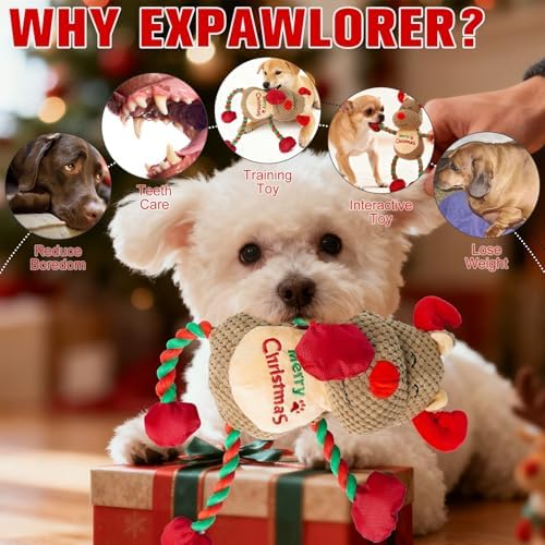 EXPAWLORER Christmas Dog Squeaky Toys - Interactive Reindeer Stuffed Plush Dog Toy with Squeakers Crinkle Paper, Chew Rope Toys for Puppy Small Medium Large Dogs