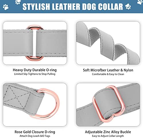 Soft Leather Martingale Dog Collar - Adjustable Rose Gold Limited Slip Collars [Easy to Clean], Stylish Durable Heavy Duty Nylon No Pull Training Collar for Small Medium Large Dogs XS Grey