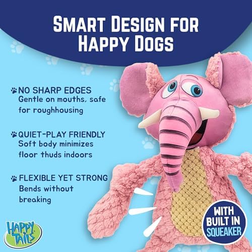 Happy Tails 13" Woolie Elephant Dog Toy for Medium to Large Dogs - Durable Polyester with Squeaky Sound and Reinforced Stitching for Interactive Play and Chewing