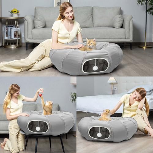 AUOON Cat Tunnel with Bed for Kitten Puppy Rabbit Ferret, Light Grey