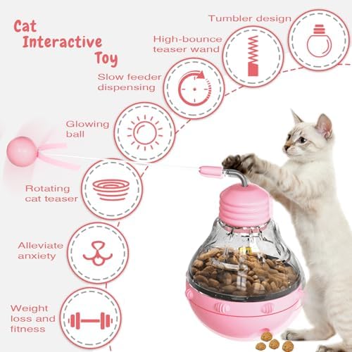 Cat Interactive Toy, Slow Food Dispenser Feeder, Tumbler Design with Teaser Wand & Glowing Ball, Funny Kitten Treats for Indoor Cats Exercise and Boredom Relief (Pink)