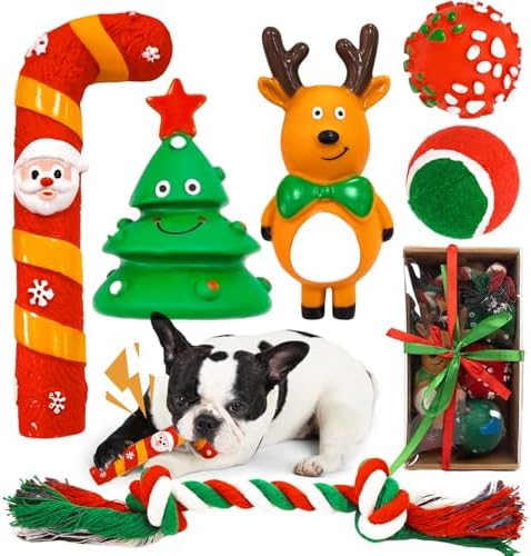 BAEJMJK 6Pcs Christmas Small Dog Toys Set-Xmas Holiday Squeaky Dog Toy Ball and Rope Dogs Toy Set -Funny Interactive Puppy Chew Toys with Christmas Tree Santa Claus and Reindeer Designs
