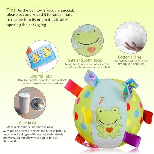 Letalong Dog Squeaky Plush Toy with Straps, 6-Inch Soft Stuffed Ball with Cotton Material and Bell Built-in, Pet Interactive Fetch Toy for Small to Large Dog