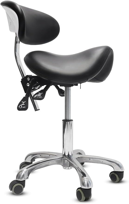 Saddle Stool with Wheels,3-Way Function Rolling Stool with Back Support,Ergonomic Stool Saddle Stool for Hair Stylist for Dentist Salon Tattoo(Black)