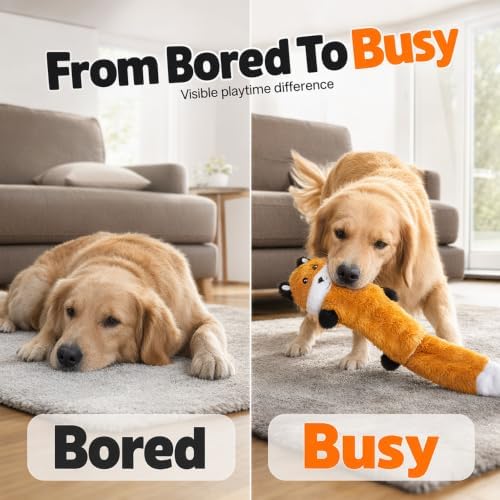 Durable Squeaky Dog Toys for Aggressive Chewers, Indestructible Stuffed Dog Toy for Small Medium Large Dogs, Interactive Chew Teething Puppy Toy for Indoor Outdoor Play (Reddish Brown)