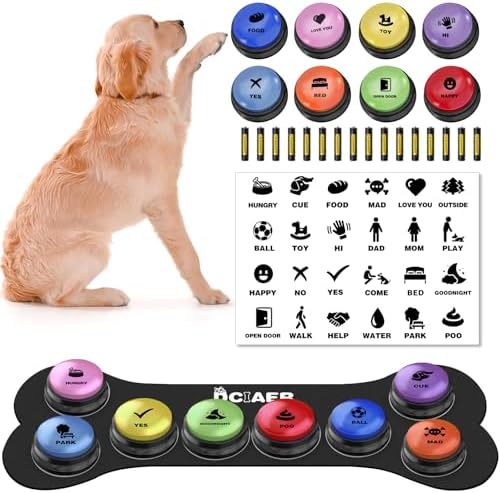 Dog Buttons for Communication,Talking Buttons for Dogs,8 Recordable Sound Buttons + 24 Scene Patterns + 1 Dog Button Mat+ 16 AAA Batteries，30 Seconds Dog Buttons for Pet Sound Training Toy