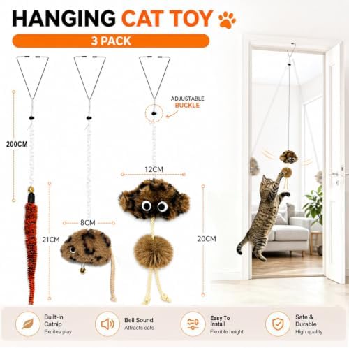 Cat Toys for Indoor Cats,Interactive Door Hanging Cat Toys Attached with Catnip/Worm/Birds/Mouse Toys for Cats/Kitten Toys(3 Pack)