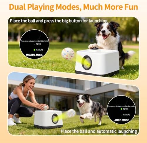 Automatic Dog Ball Launcher, Dual Auto-Manual Modes with Dog Barking Sound, Interactive Dog Fetch Toy, 3 Adjustable Distances, Dog Balls Thrower for Small & Medium Dogs, with 4 Durable ETPU Balls
