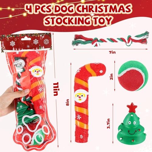 Shappy 1 Set 4 Pcs Christmas Dog Stocking Toys with Squeaky Dog Toys, Santa Cane, Tennis Ball, Xmas Tree, Rope, Bone, Paw Shape Xmas Stocking Pet Set, Interactive Pet Gifts