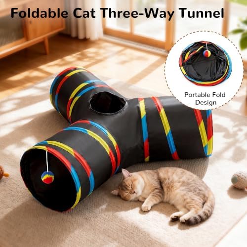 Tempcore Cat Tunnel, 3-Way Collapsible Toy for Indoor Cats, Black & Rainbow