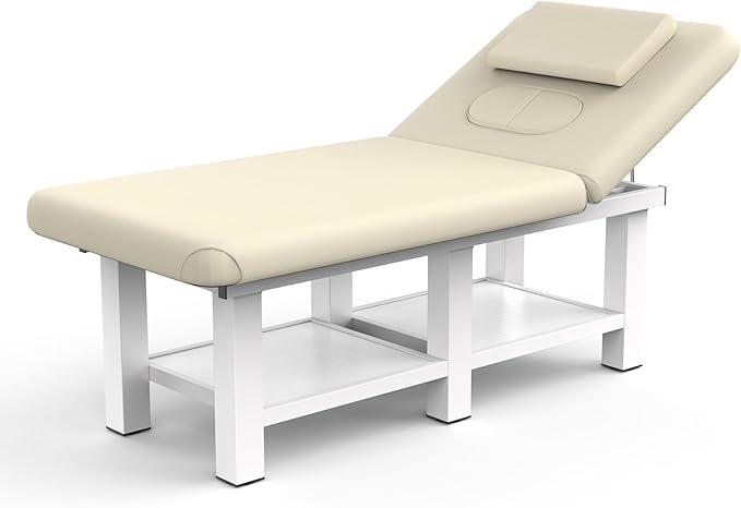 Beige Grey Wide Stationary Massage Table with Backrest for Treatment Table Physical Therapy Table Spa Facial Bed, Metal Frame PU Leather 31.5'' Wide 75'' Long Heavy Duty Professional Massage Bed