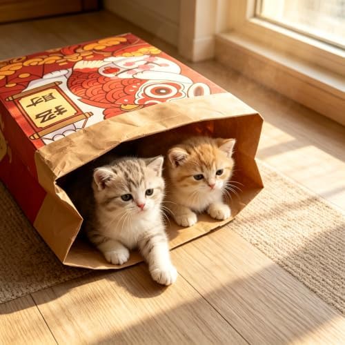Crinkle Cat Sack, 25.6 x 19.7 Inch Large Cat Play Bag, Interactive Kraft Paper Cat Hideaway & Tunnel Toy, Foldable Cat House, Cute Room Decor (Maneki-Neko)