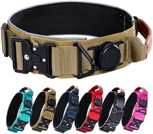2" Tactical Dog Collar with Airtag Holder & Handle for Large Dogs (Brown)