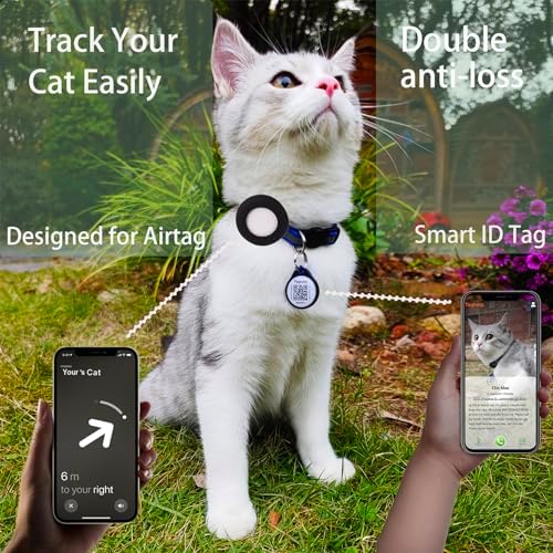 Airtag Cat Collar Breakaway With Apple Air Tag Holder, QR Code, Bell, ID Tag for Girl Boy Kitten - Reflective, Personalized Real-time Scan Alerts (Black)