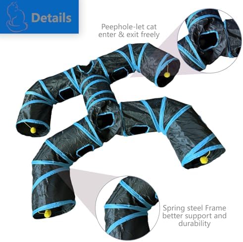 Foldable H-Shaped Cat Tunnel Toy with Interactive Playing Balls - 4 Exits for Cats, Kittens, Rabbits & Small Pets Collapsible Play Tube for Indoor Fun & Exercise (Blue Black)