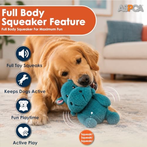ASPCA Plush Squeaky Dog Toy for Small, Medium & Large Dogs – Soft Round Plush Pet Toy with Full Body Squeaker, Lightweight Fetch Toy for Indoor Play, Cuddling & Enrichment, Hippo