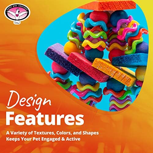 Super Bird Creations SB736 Wiggles and Wafers Bird Toy - Interactive Enrichment for Conures, Quakers, Caiques, Pionus, Senegals - Wooden, Acrylic Beads, Pacifiers - Medium Bird Size, 3” x 5” x 9”