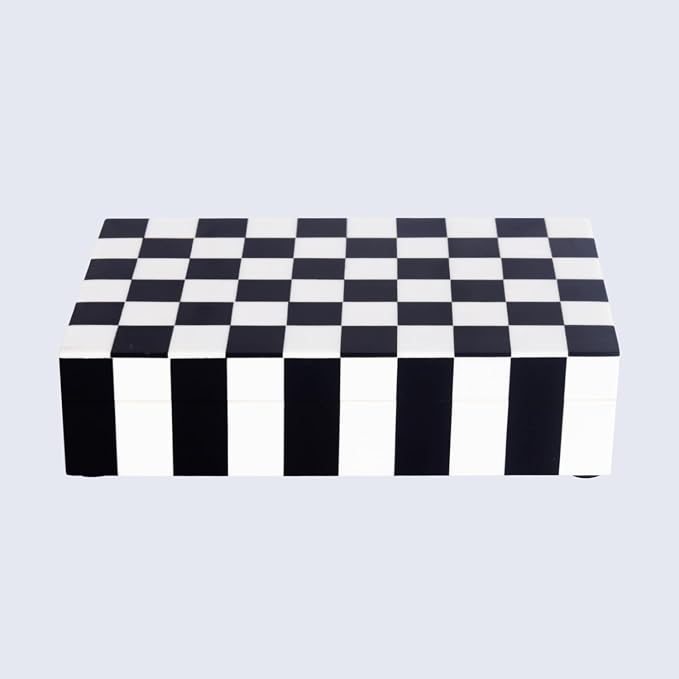 Handicrafts Home Small Decorative Storage Box with Lid, Black and White Keepsake Box, Decorative Trinket Box for Jewelry, Desk Organizer, Coffee Table & Shelf Decor, Puzzle Check - 8 x 5 x 2 Inch