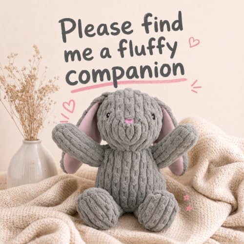 Linzy Bunny Squeaky Plush Dog Toy, Soft Squeaky Chew Toy for Small Medium Large Dogs, Pet Toy for All Breeds to Keep Them Entertained, Teeth Cleaning, Gray, 12-in