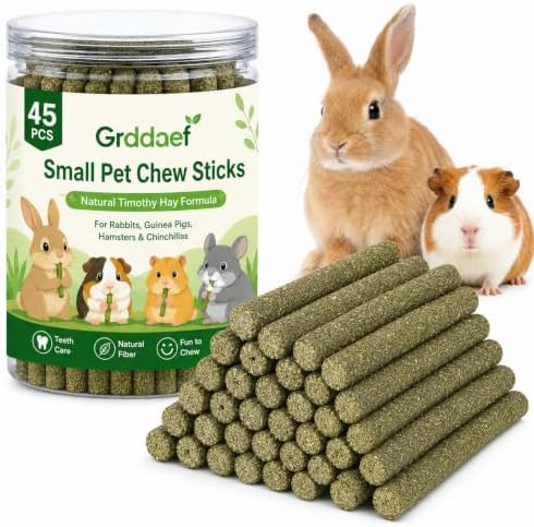 Grddaef 45Pcs Rabbit Toys, 300g Natural Timothy Grass Molar Teeth Stick Chew Toys for Chinchilla Rabbit Bunny Guinea Pig Treats