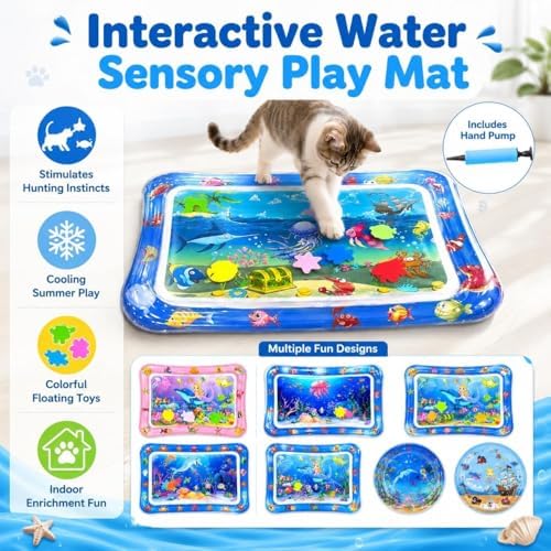 2026 Upgraded Pet Water Sensory Mats, Cat Water Mat with Floating Fish Toy, Thickened Interactive Cat Water Play Mat Toy, Leak Proof Cooling Pad for Indoor Cats Kittens Summer (#D)