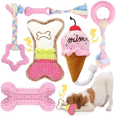 BAEJMJK 6 Pack Puppy Teething Toys Pink Small Breed Dog Chew Toys with Rope Cute Soft Rubber Puppy Toys Set for Cleaning Teeth Interactive Pet Doggy Bone Toys