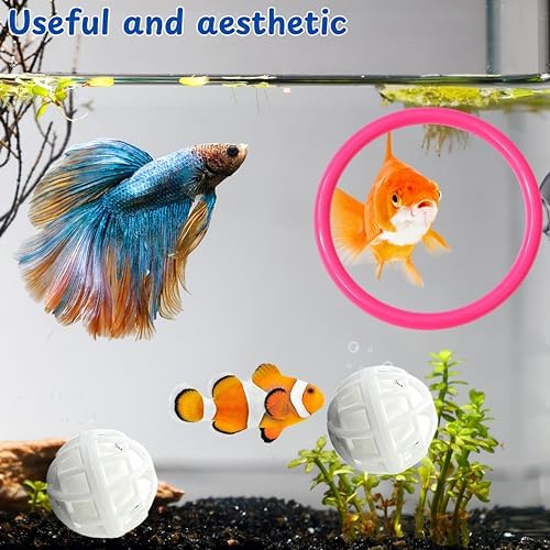 Betta Ring Enrichment Toys with Filter Ball set, Turtle Water Cleaner Ball, Aquarium Feeding Ring with Nitrifying Balls, Betta Fish Toy, Aquatic Turtle Enrichment Toy, Tortoise Supplies (Pink, M-70mm)