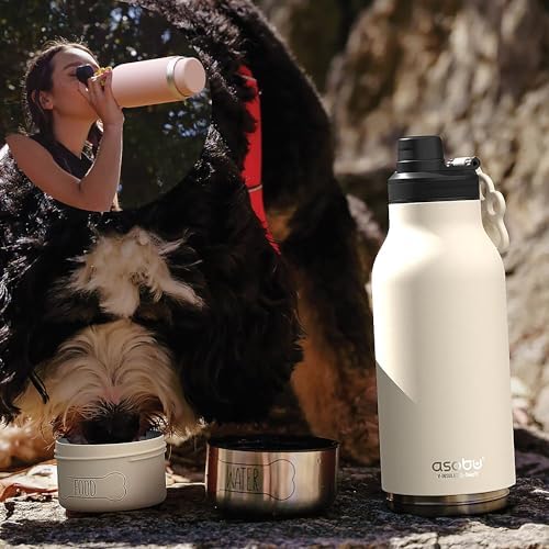 asobu Buddy Bottle a Stainless Steel Insulated Water Bottle for with Removable Dog Water Bowl and Dog Food and Treat Storage Bowl (White, 34 oz Water Bottle | 2 Bowls)
