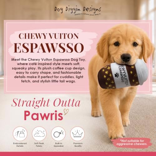 Dog Diggin Designs Chewy Vuiton Espawsso Plush Dog Toy | Luxury-Inspired Parody Coffee Cup with Squeaker, Soft Plush Coffee-Themed Dog Toy – Baristas Needed!