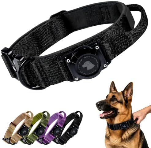 Tactical AirTag Dog Collar with Holder for Medium Large Dogs, Black, M