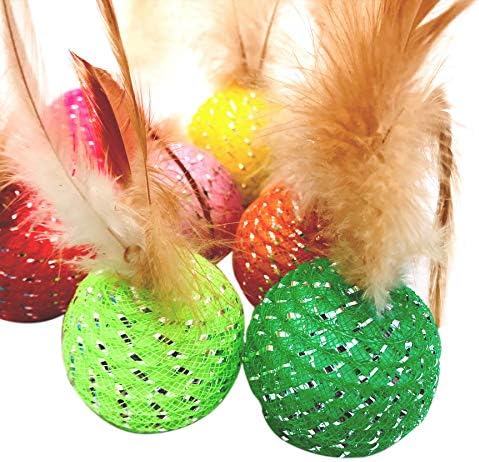 10Pcs Cat Colorful Rainbow Toys Flutter Balls with Feather and Bells for Indoor Ourdoor Kitty Kitten Interactive Playing Chewing Training Chasing Hunting and Exercise