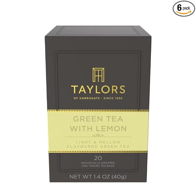 Taylors of Harrogate Green Tea with Lemon, Individually Wrapped Bags, 20 Count (Pack of 6), Citrussy, Mellow and Light, Caffeinated, Enjoy Hot or Iced, 120 Teabags Total