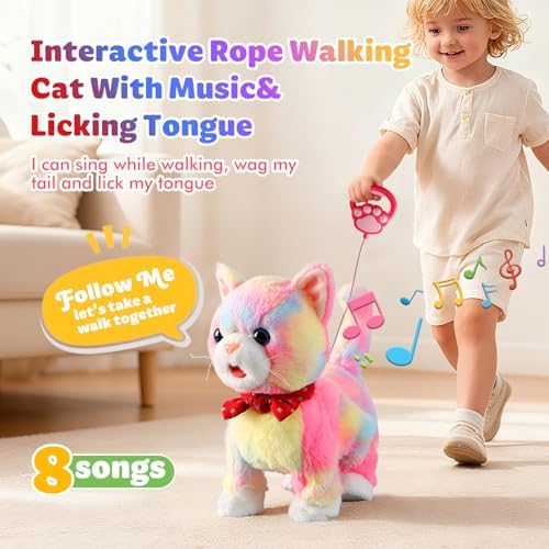 Rainbow Walking Cat Toy for Kids Kitty Toys for Girls Kitten Set that Talking Meows Singing Dancing Repeat What You Say Touch and Voice Control Plush Electronic Robot Kitties for Baby Toddlers