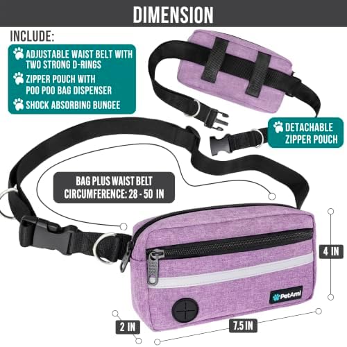 PetAmi Hands Free Dog Leash Waist Belt Bag Fanny Pack, Single, Purple