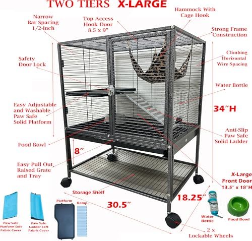 Extra Large 30.5"x18.25"x34"H Two Tiers Large Double Large Front Doors Tight 1/2-inch Wire Spacing for Feisty Ferret Hammock Chinchilla Cat Sugar Glider Home On Wheels