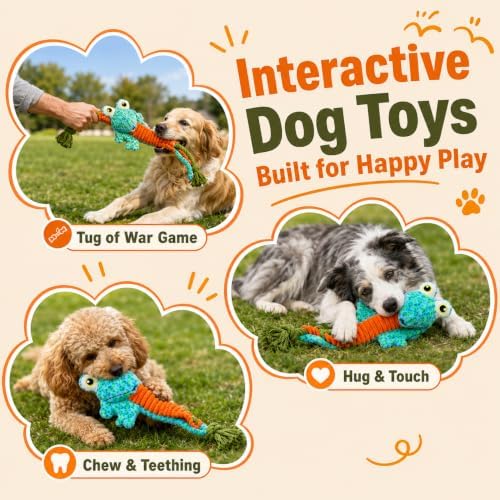 Dog Toys Squeaky Plush No Stuffing, Stuffless Crinkle Dog Toy with Rope Tug Pull Design, Durable Chew Toy for Puppies Small Medium Large Dogs, Fun Interactive Pet Toy